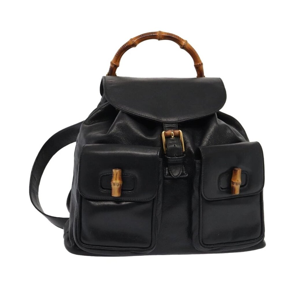 GUCCI Bamboo Backpack Leather Black Gold 003